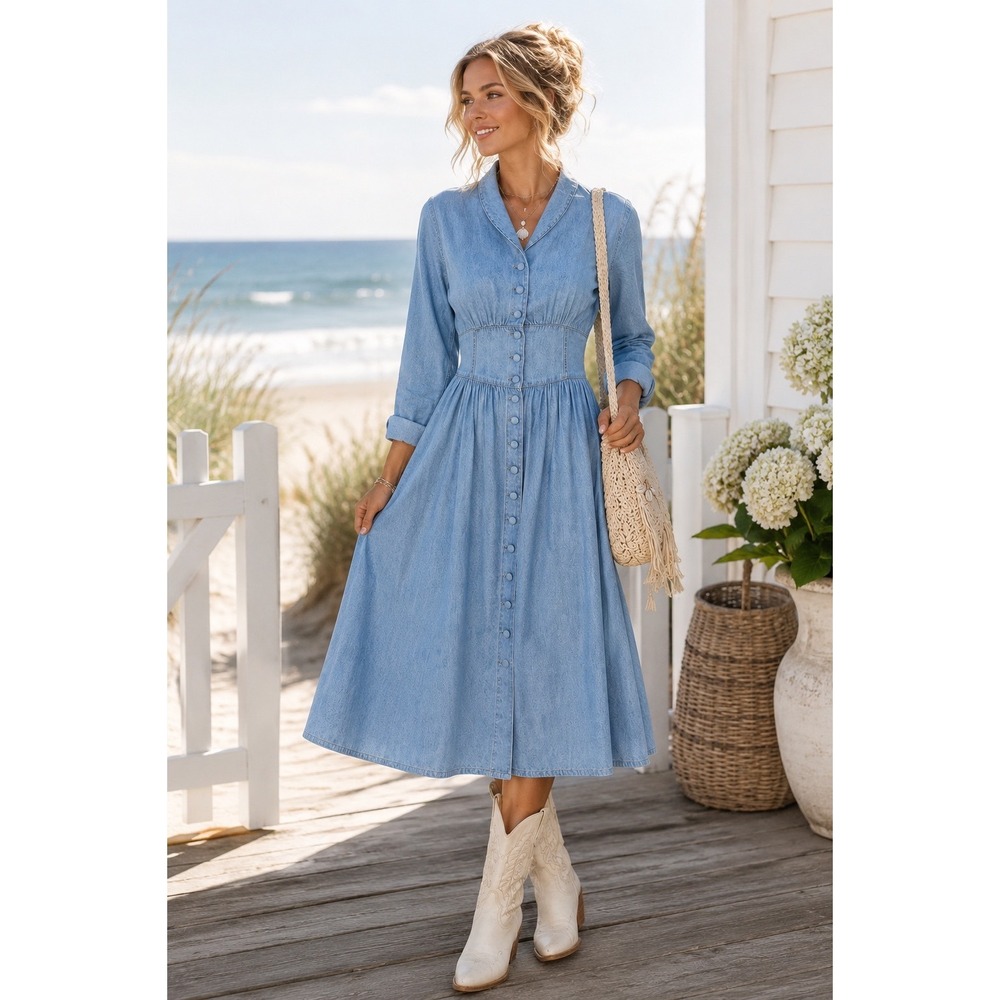 VTG 90s Styleworks Denim Midi Dress 8 Long Sleeve Button Front Western Prairie * - Picture 2 of 14